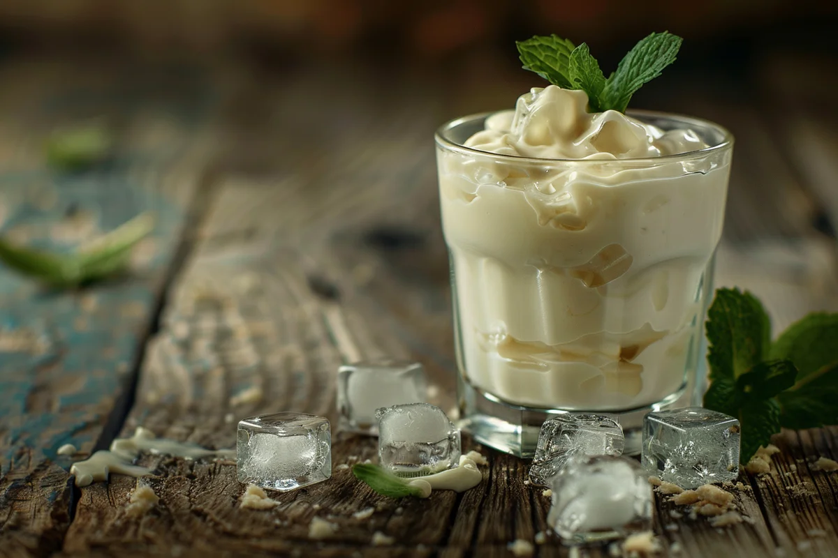 A refreshing cold yogurt drink in a glass, garnished with mint, served with ice cubes on a wooden table.