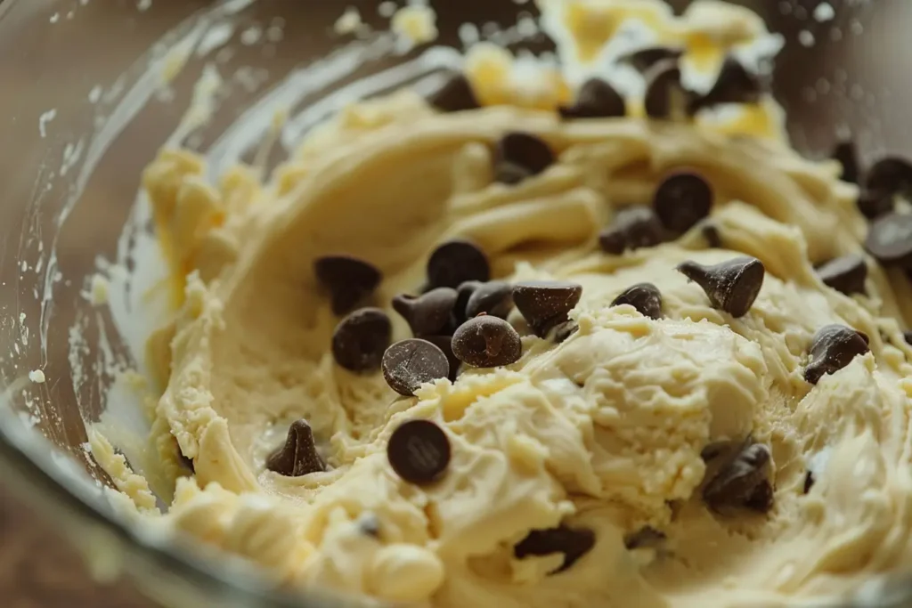 Small Batch Chocolate Chip Cookies with Whole Egg 1 Chocolate chip cookie dough being mixed in a bowl, showcasing the ingredients like butter, sugar, and chocolate chips.
