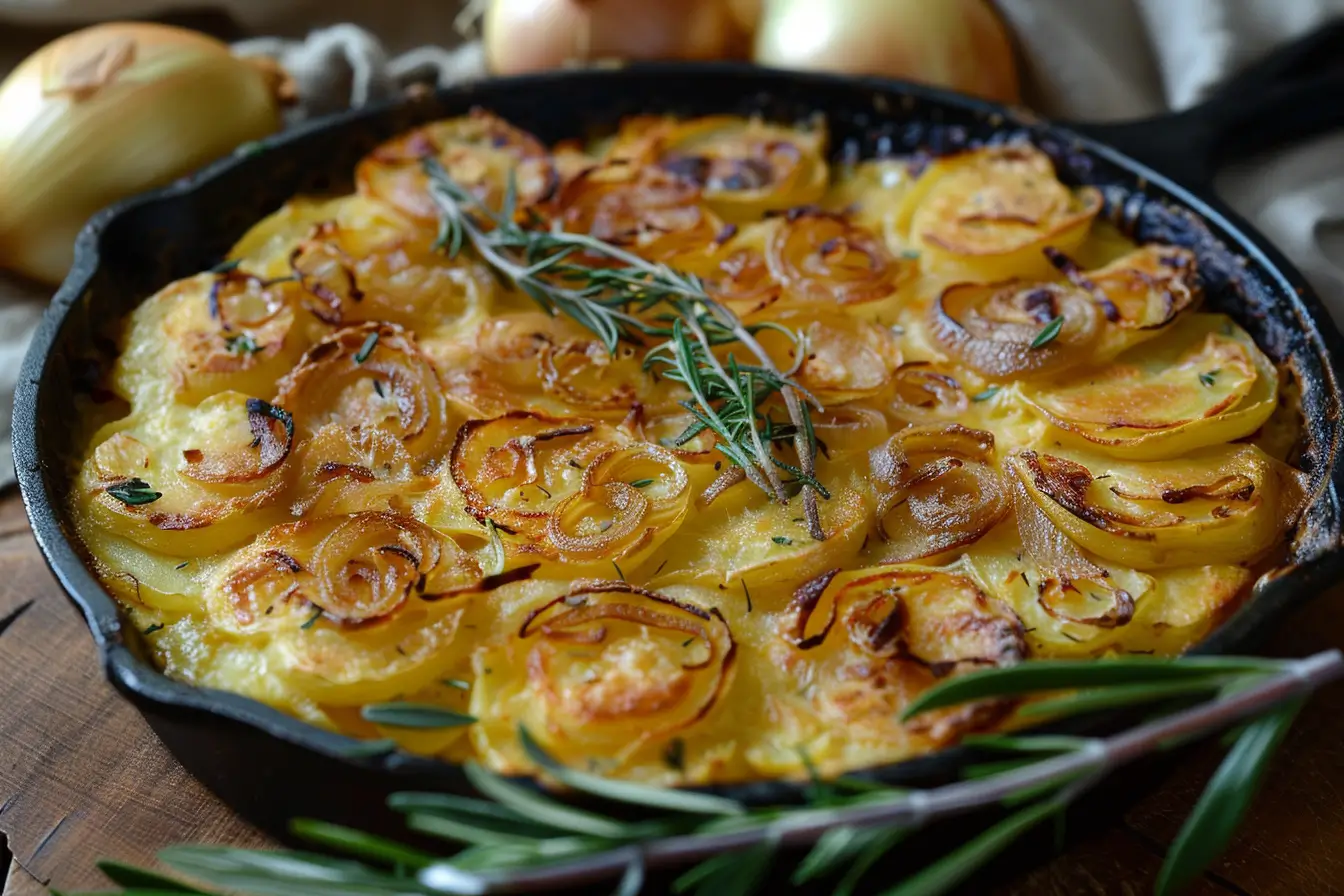 Cooking onions and potatoes in a skillet with golden-brown edges and caramelized textures