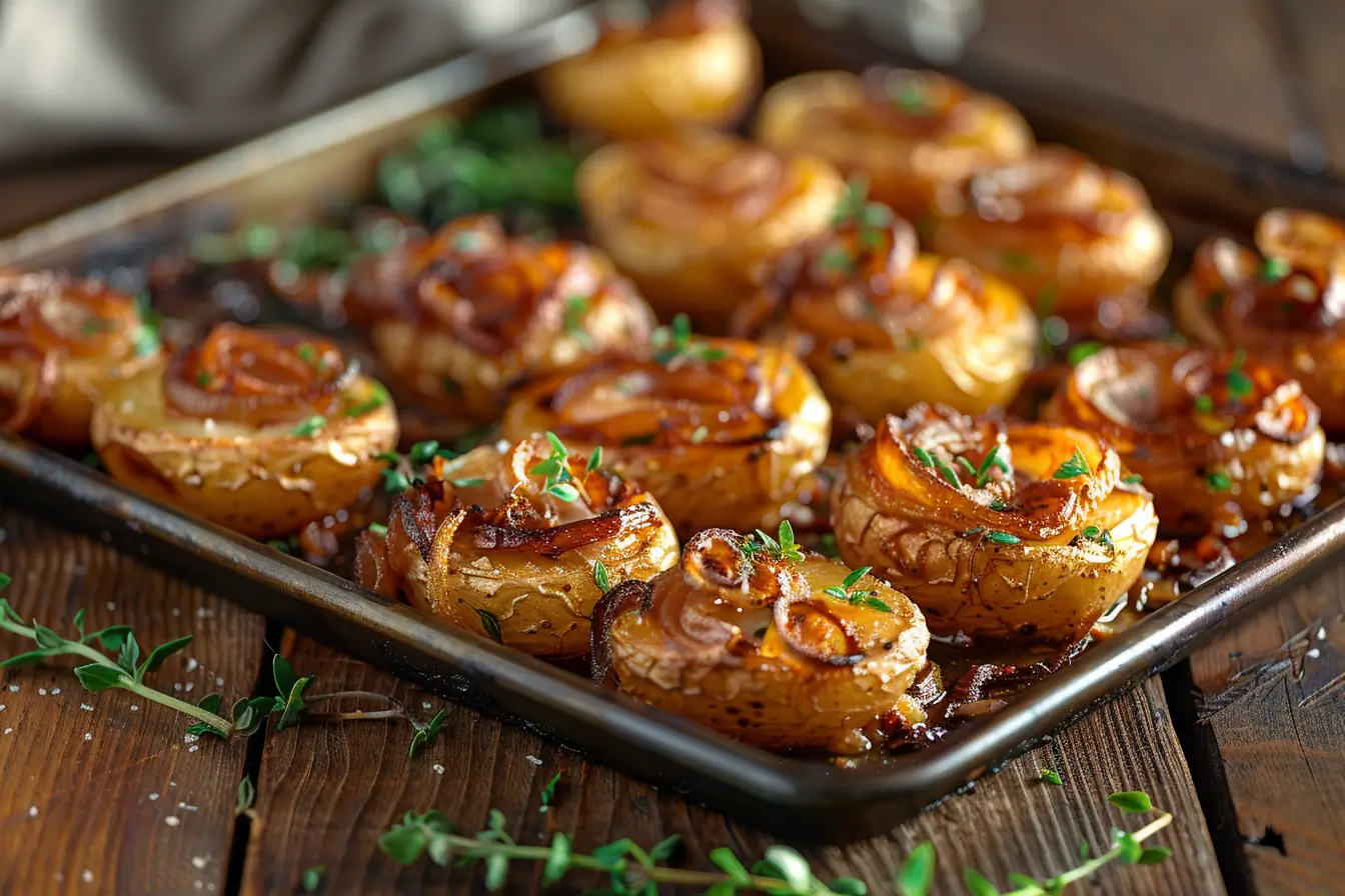 A tray of crispy onion roasted potatoes garnished with fresh herbs, served on a rustic wooden table.