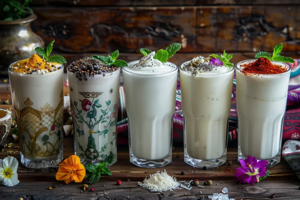 Different types of cold yogurt drinks from around the world, served in traditional glasses with various garnishes.