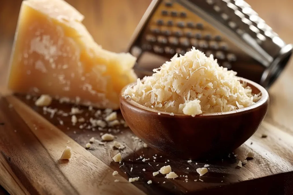 How to Thicken Parmesan Cream Sauce: Tips and Techniques 1 Freshly grated Parmesan cheese in a small bowl next to a block of cheese and a grater.