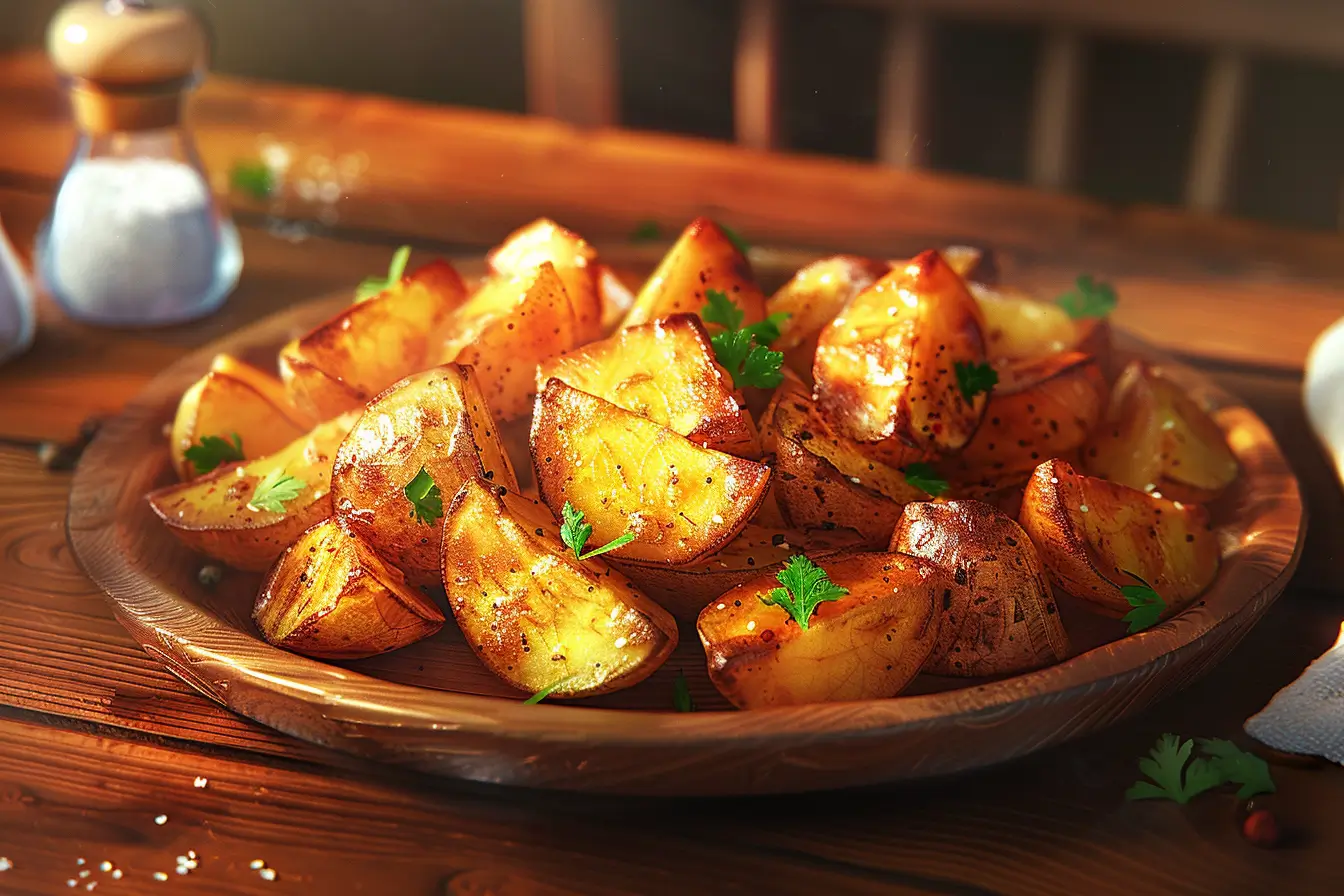 Golden-brown roasted potatoes with crispy edges served on a rustic wooden plate.