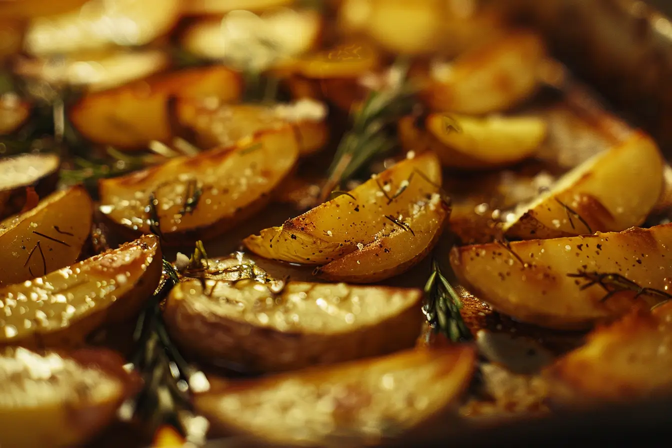 Golden roasted potatoes with crispy edges on a baking tray, garnished with fresh rosemary and sea salt.