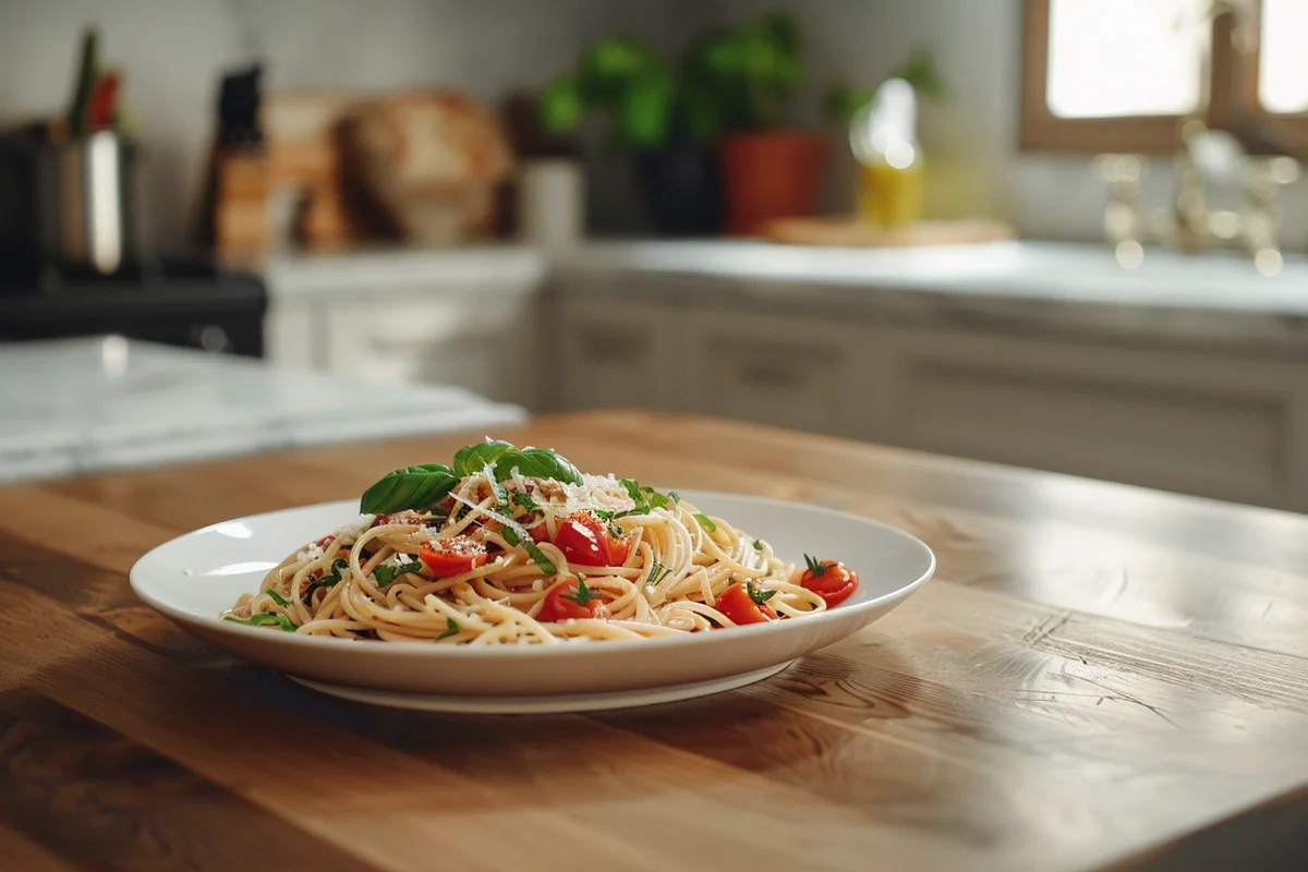 A plate of authentic Sophia Loren pasta with fresh tomatoes, basil, and garlic, served on a rustic Italian table.