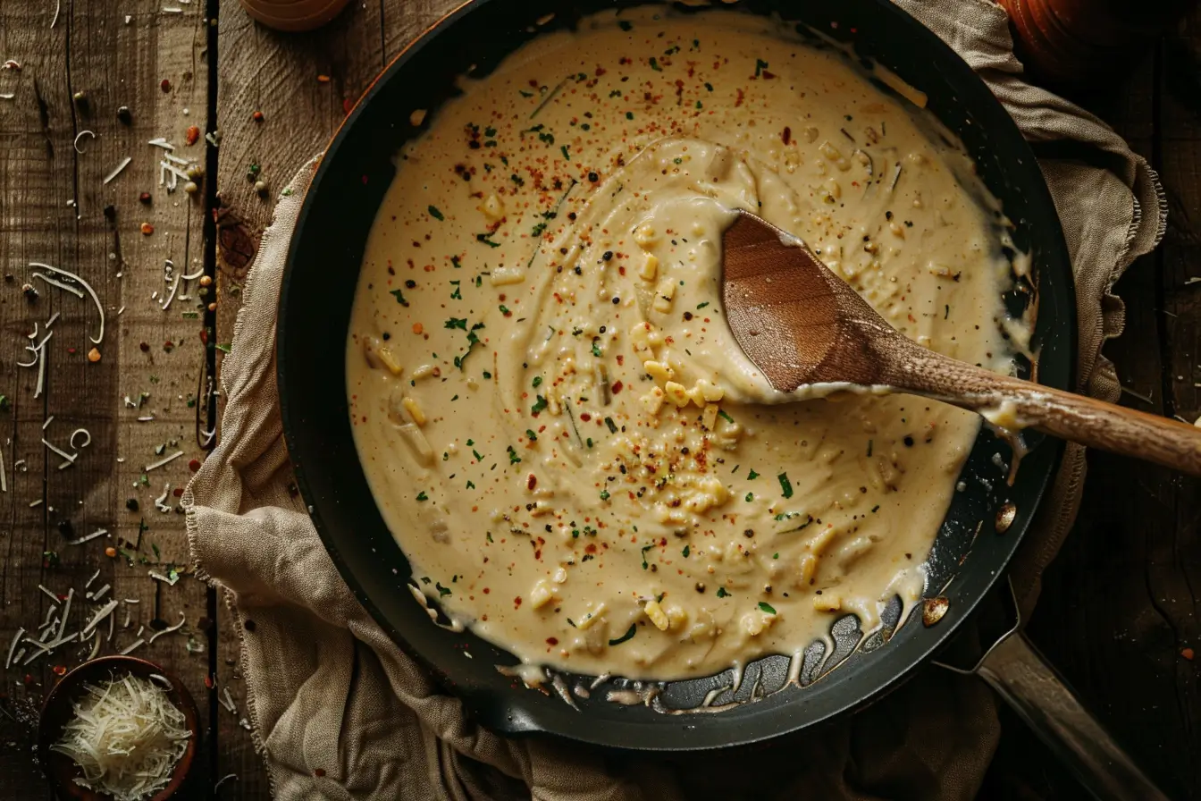 A rich and creamy Parmesan cream sauce in a skillet being stirred with a wooden spoon.