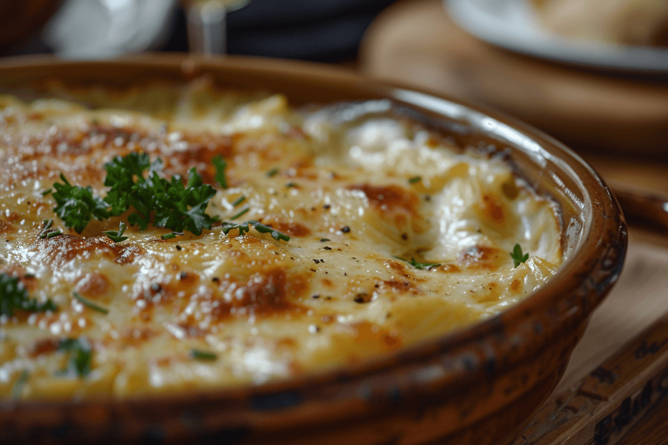 A bowl of creamy white cheddar mac and cheese garnished with fresh herbs, served in a rustic dish