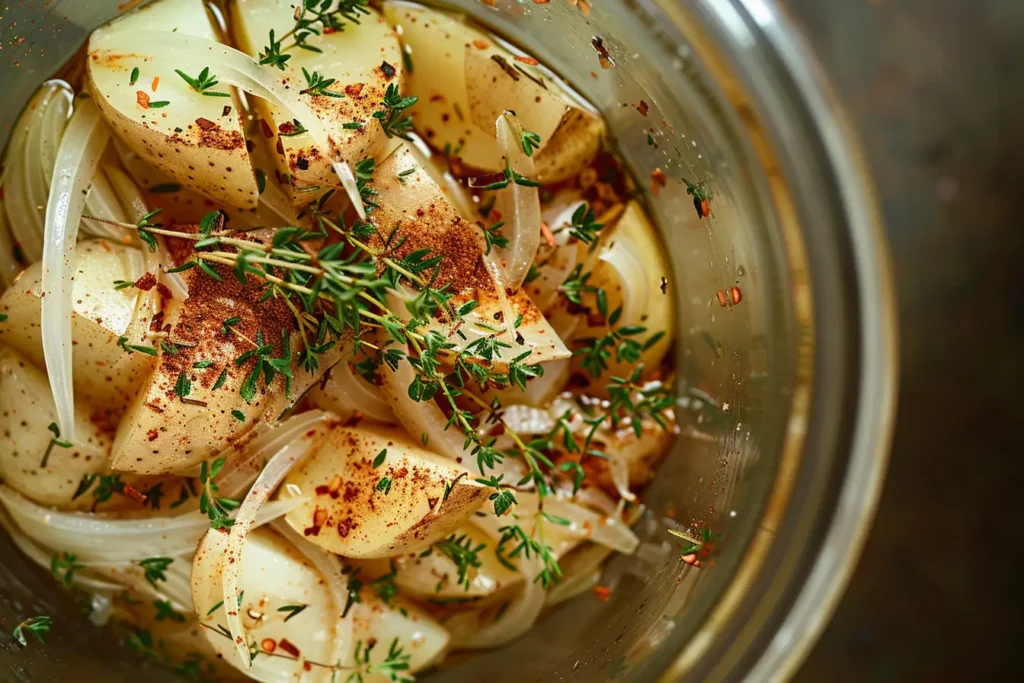 Onion Roasted Potatoes 1 A mixing bowl with raw potato wedges and onion slices coated in olive oil and seasoning, ready for roasting.