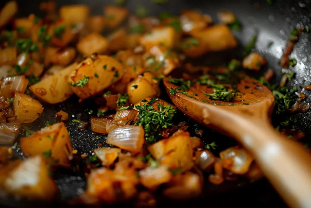 Do You Cook Onions or Potatoes First? A Complete Guide 1 Onions and potatoes sautéing in a pan with golden caramelization and fresh herbs