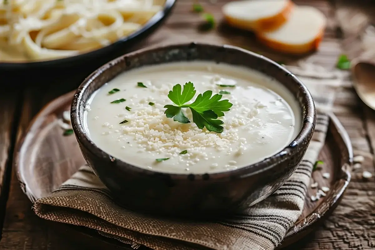 A creamy bowl of Parmesan sauce with a garnish of grated Parmesan cheese and a sprig of parsley, placed on a rustic wooden table with a plate of fettuccine Alfredo in the background.