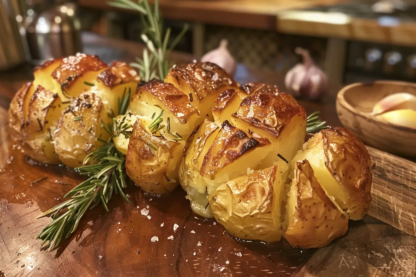 Perfect golden roast potatoes prepared Gordon Ramsay style on a rustic wooden