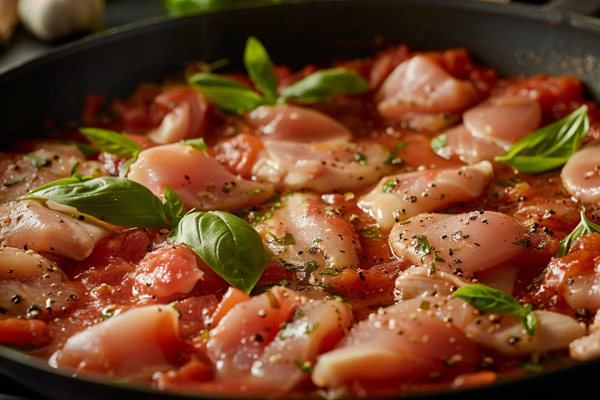 Raw chicken cooking in pasta sauce with tomatoes and herbs in a pan