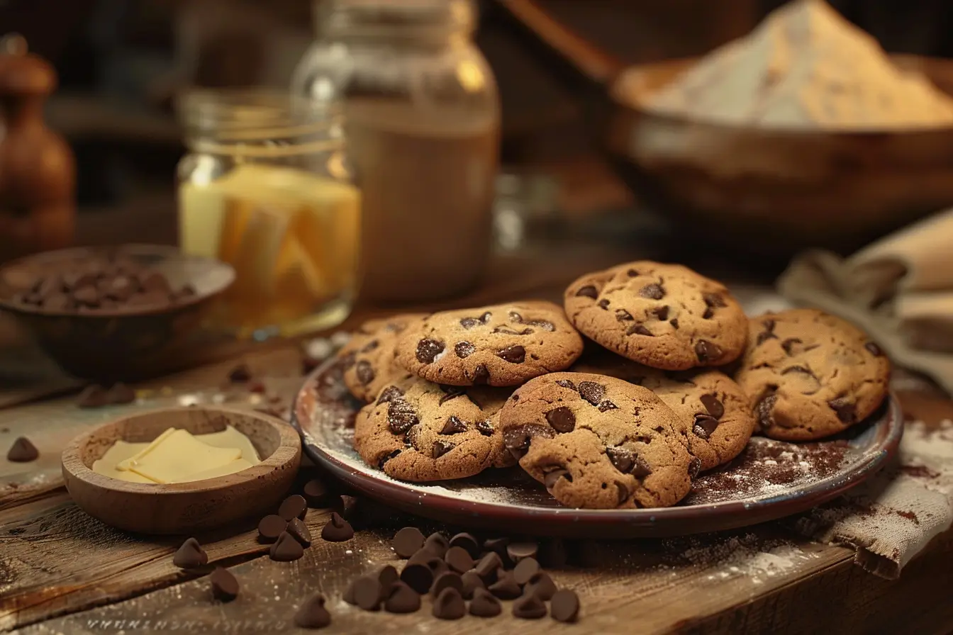 Small batch chocolate chip cookies with melted butter, freshly baked and displayed on a rustic wooden table.
