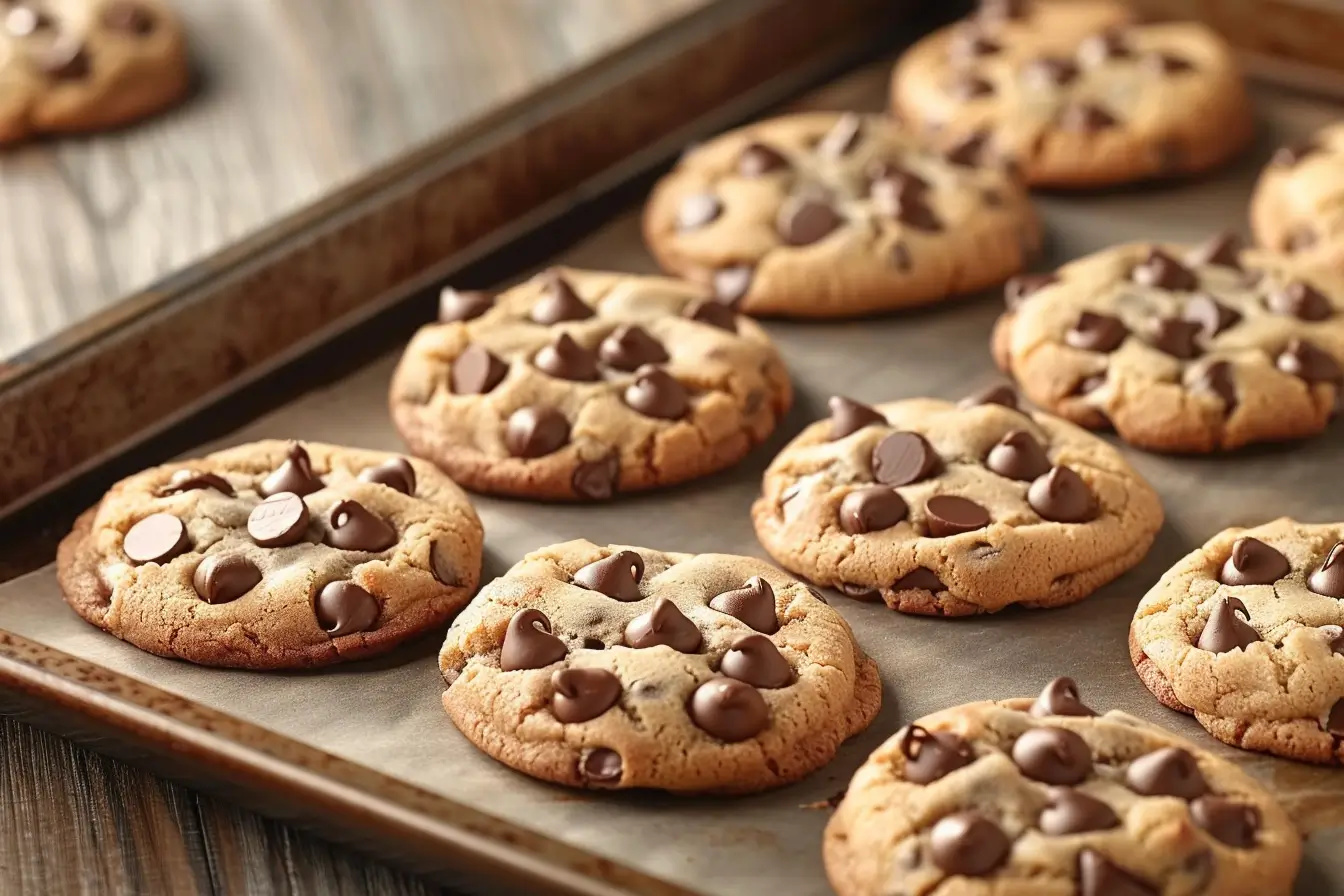 Small batch chocolate chip cookies without eggs on a baking tray