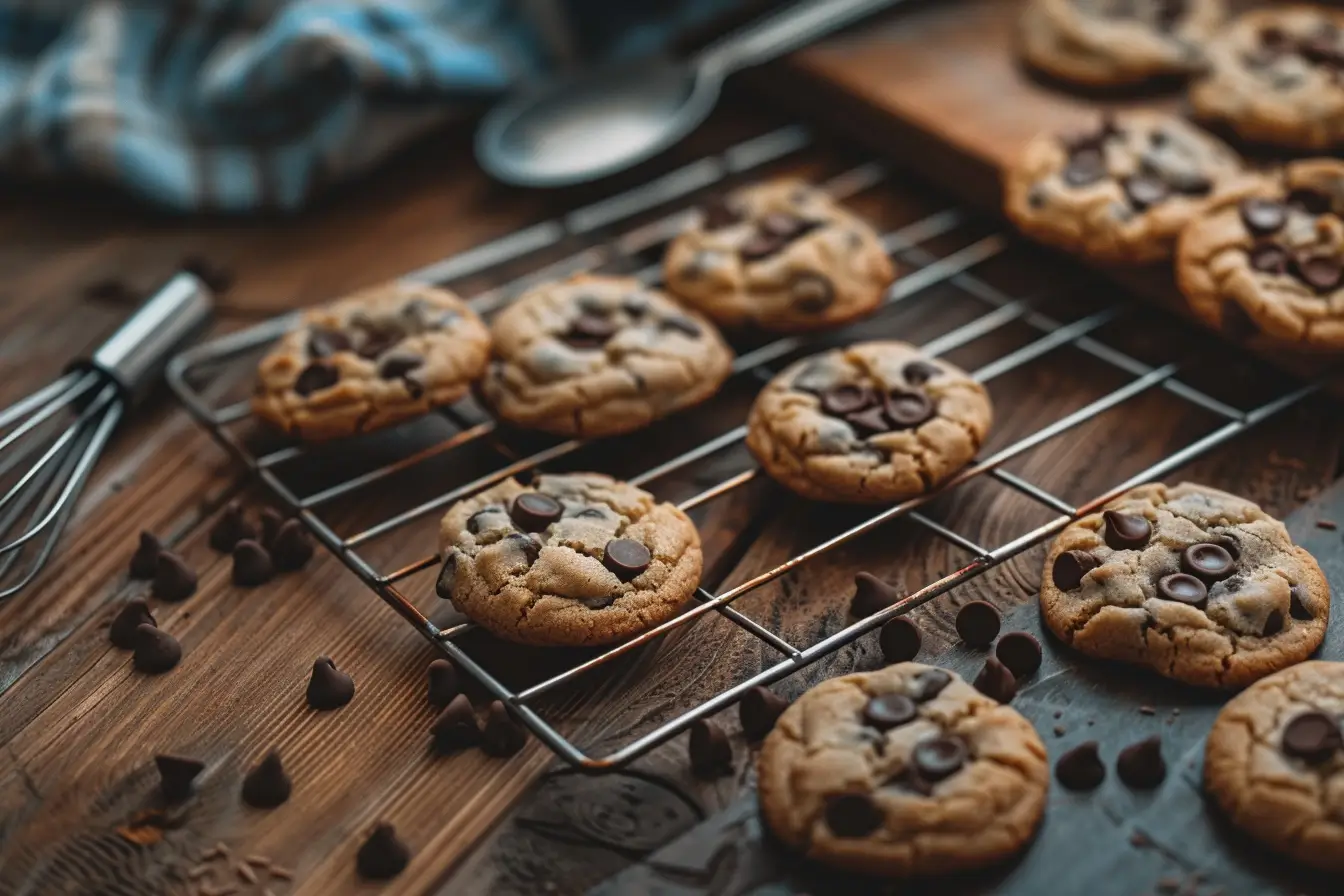 A batch of freshly baked small chocolate chip cookies on a rustic wooden table, surrounded by chocolate chips and baking tools.
