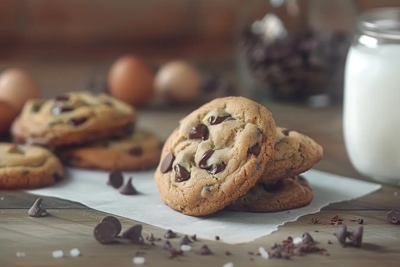 Freshly baked small batch chocolate chip cookies made with a whole egg, arranged on a rustic wooden table with a glass of milk.