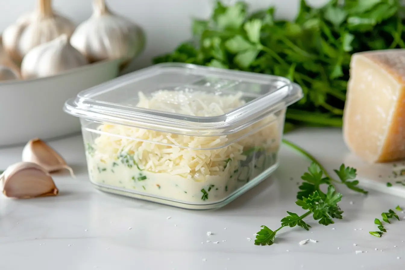 Parmesan cream sauce stored in a glass container with a label in a refrigerator