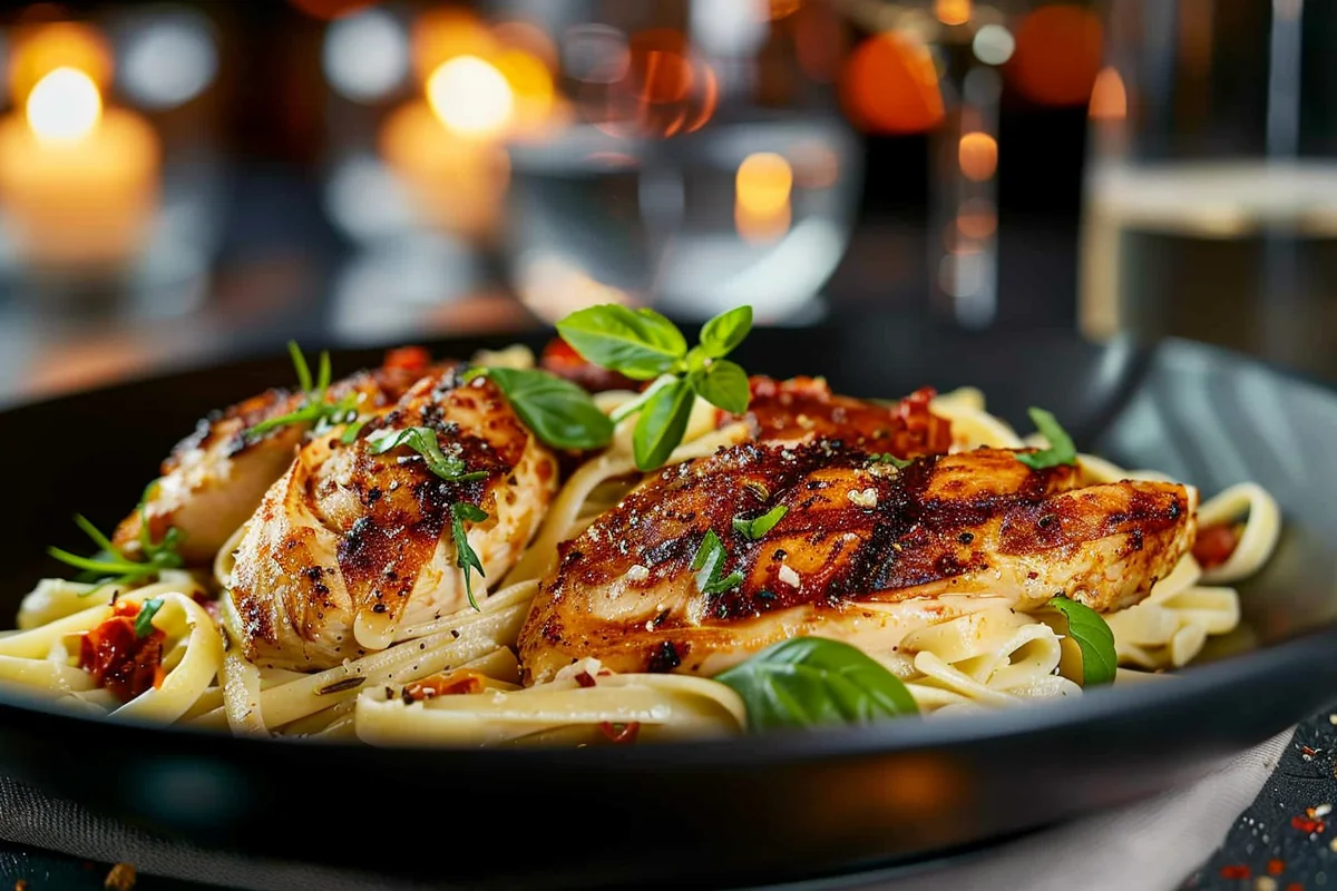 A creamy plate of "Marry Me Chicken Pasta" with golden pan-seared chicken, rich parmesan sauce, and sun-dried tomatoes, garnished with fresh basil.