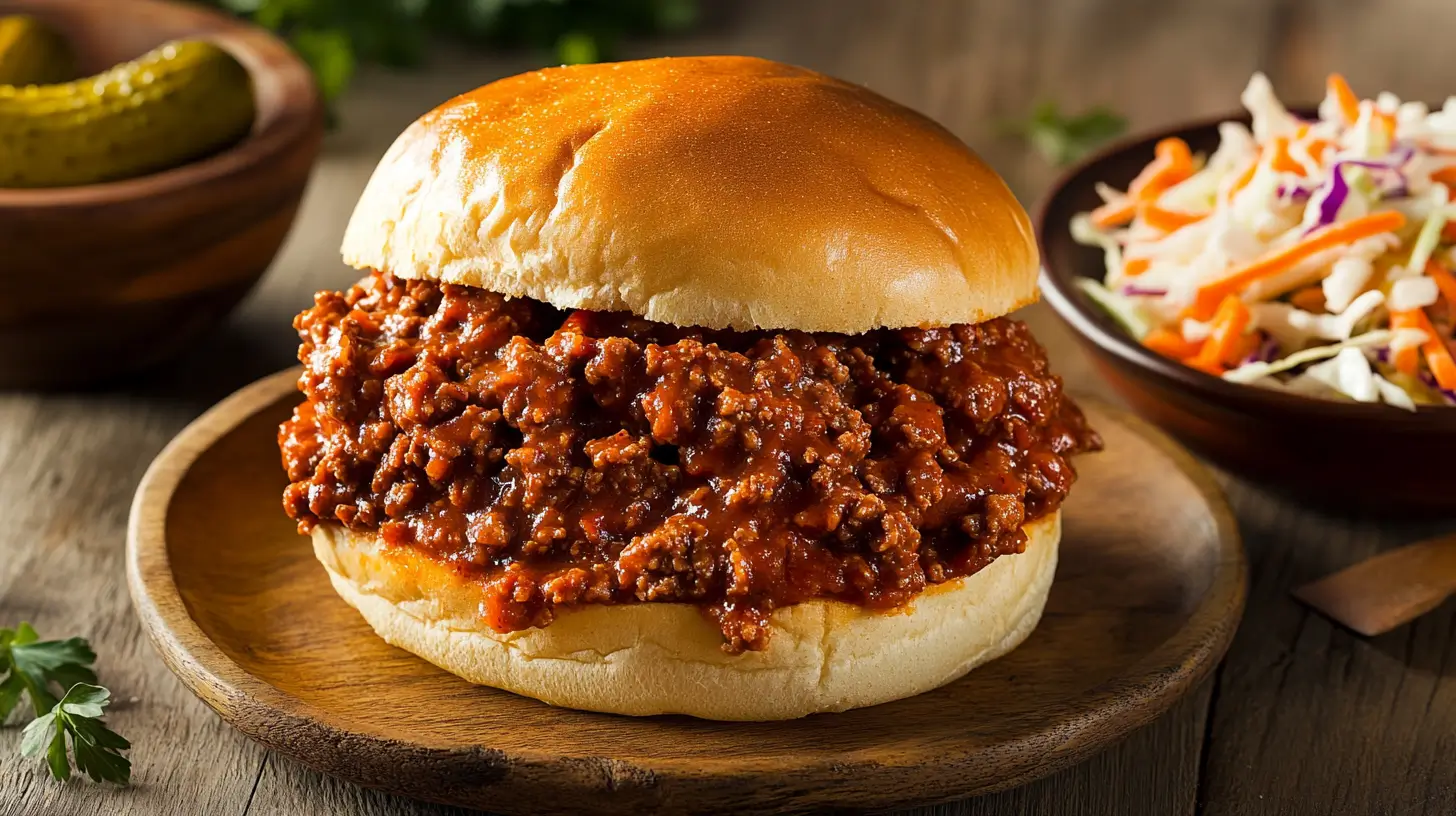 Homemade Amish-Style Sloppy Joe Sandwich on a wooden plate with a side of coleslaw and pickles.