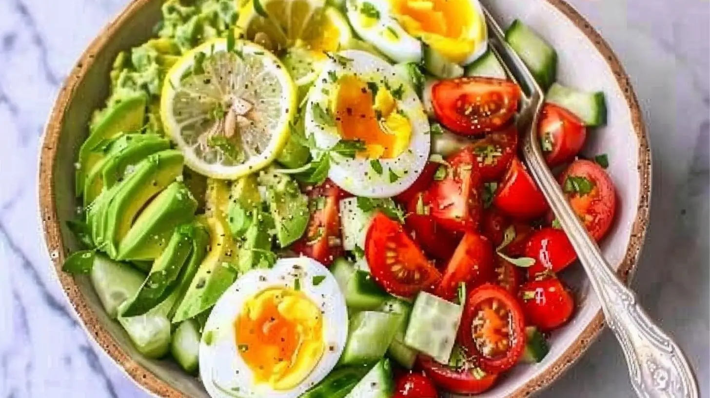 A fresh and colorful Avocado Tomato Egg and Cucumber Salad served in a bowl with a lemon vinaigrette dressing.