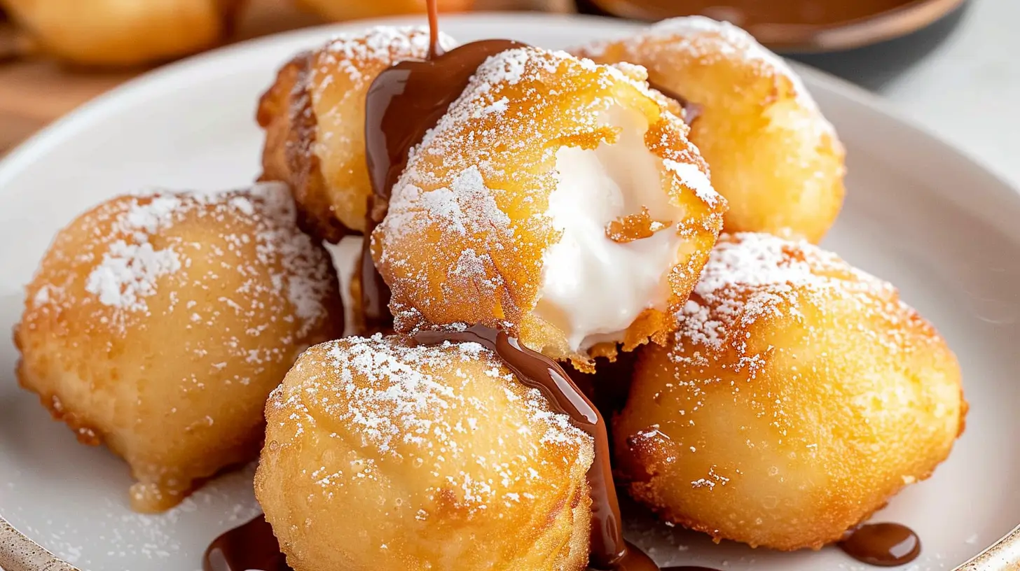 Golden crispy deep-fried marshmallows with a gooey melted center, served on a plate with chocolate drizzle.