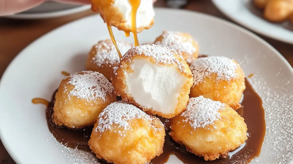 Deep Fried Marshmallows 7 A plate of deep-fried marshmallows served with chocolate sauce, caramel drizzle, and powdered sugar, styled for a dessert presentation.