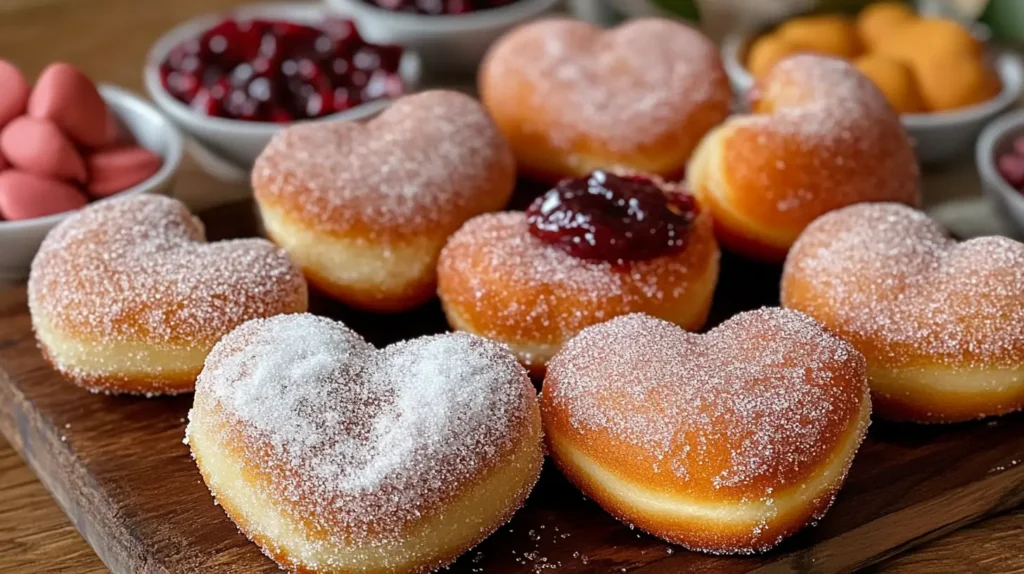 Heart-Shaped Sugar Donuts 7 A variety of toppings and dressings for heart-shaped sugar donuts, including cinnamon sugar, chocolate glaze, and fruit preserves.
