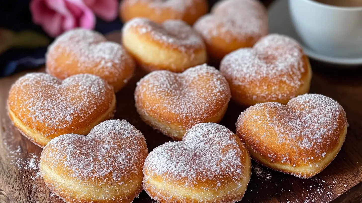 Heart-shaped sugar donuts coated in granulated sugar, placed on a wooden board with a cup of coffee.