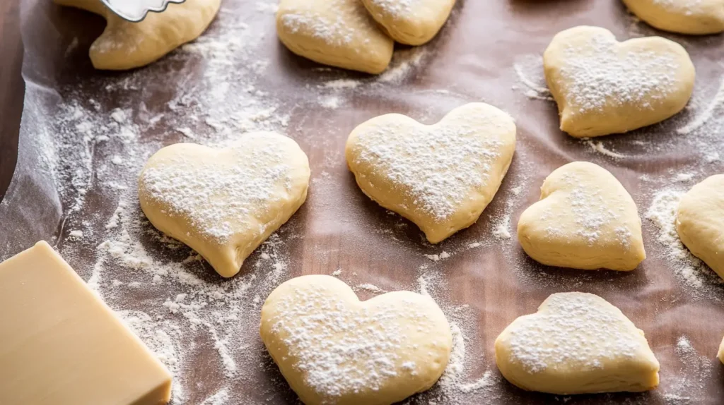 Heart-Shaped Sugar Donuts 6 A step-by-step process of making heart-shaped sugar donuts, showing the dough being rolled, cut into heart shapes, and fried to golden perfection.