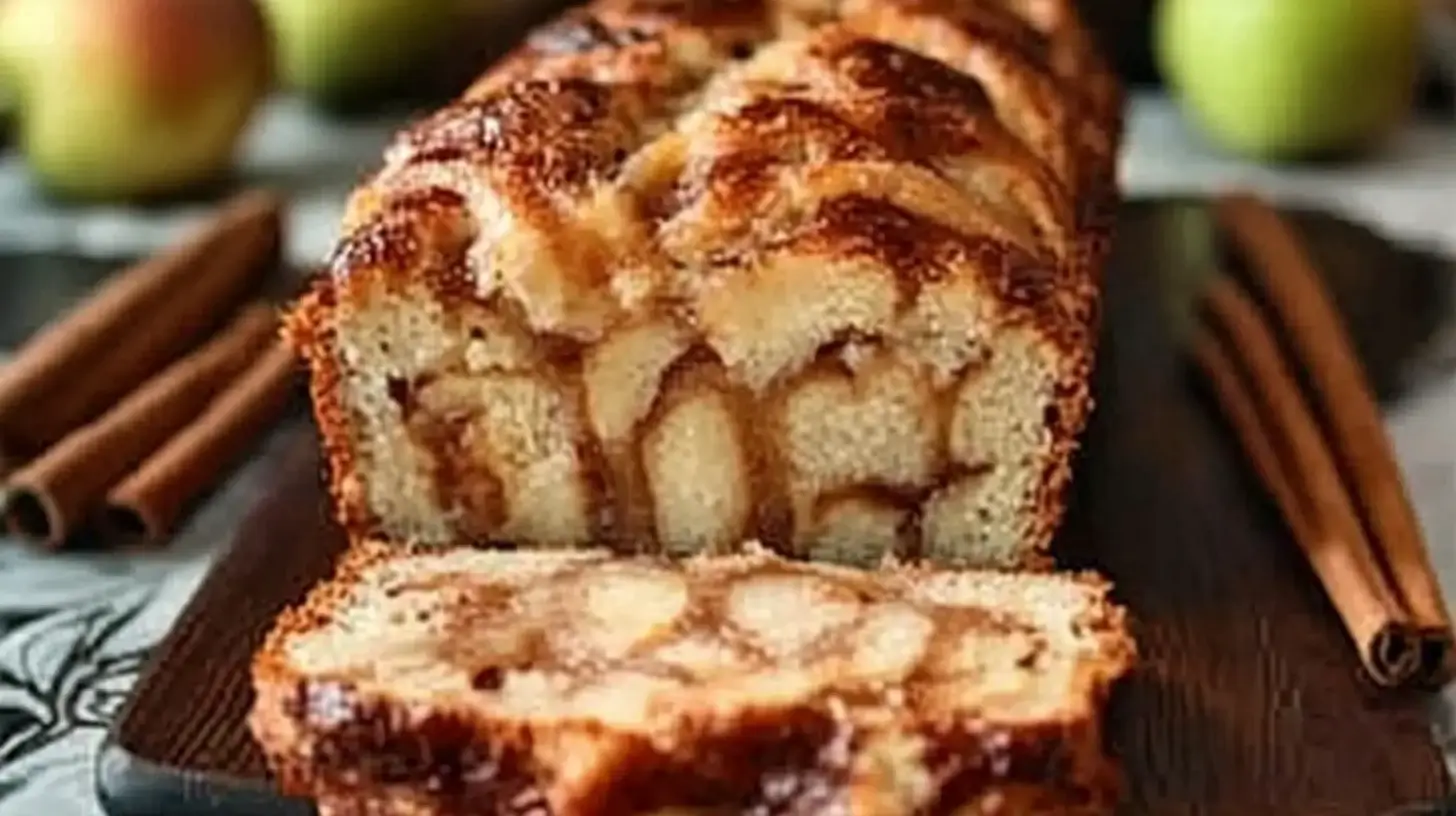 A homemade Apple Cinnamon Swirl Loaf, sliced to reveal its soft texture and rich cinnamon swirls.