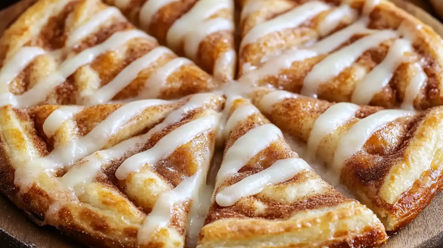 A freshly baked cinnamon-sugar pizza made with crescent roll dough, sliced into squares, and drizzled with a sweet glaze