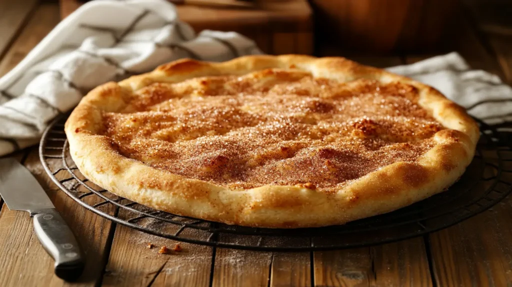 Cinnamon-Sugar Pizza Made with Crescent Rolls – Easy & Sweet Dessert 6 A plated slice of cinnamon-sugar pizza served with a scoop of vanilla ice cream and a drizzle of caramel sauce.