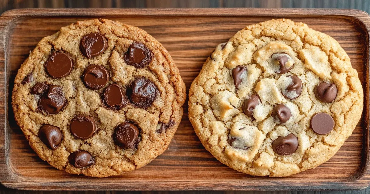A batch of freshly baked cookies with and without brown sugar on a wooden tray.