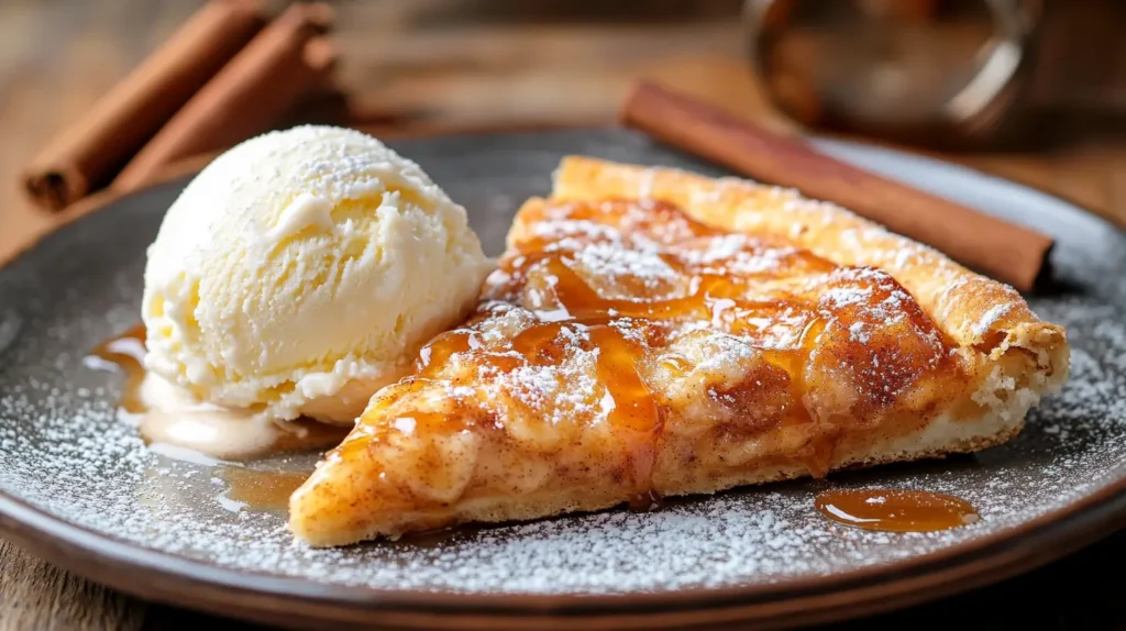 Cinnamon-Sugar Pizza Made with Crescent Rolls – Easy & Sweet Dessert 7 A slice of cinnamon-sugar pizza on a plate, drizzled with glaze and served with vanilla ice cream.