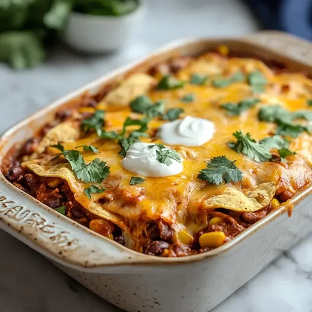 Hot and cheesy Mexican Beef Casserole fresh out of the oven.