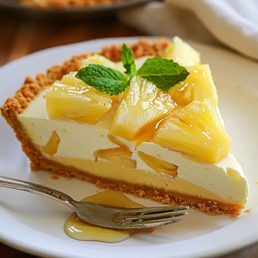 A freshly made Pineapple Cream Cheese Pie with a golden graham cracker crust, creamy filling, and pineapple chunks on top.