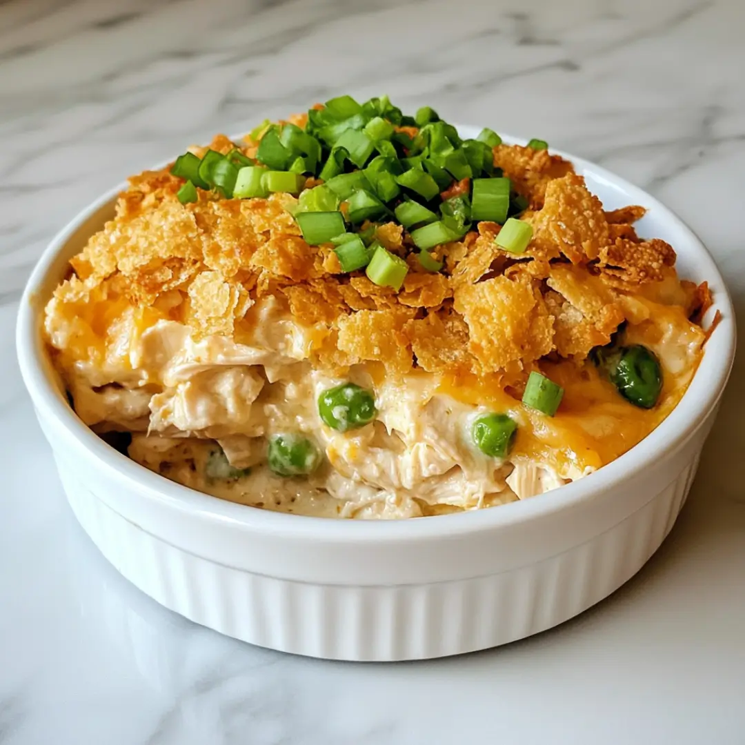 Creamy Ritz Cracker Chicken Casserole with golden topping and scallion garnish