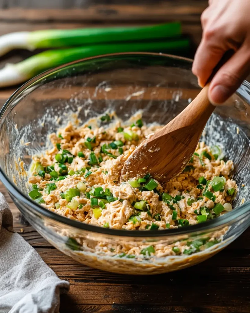 Ritz Cracker Chicken Casserole Recipe 5 Mixing the creamy chicken filling for the casserole in a large bowl