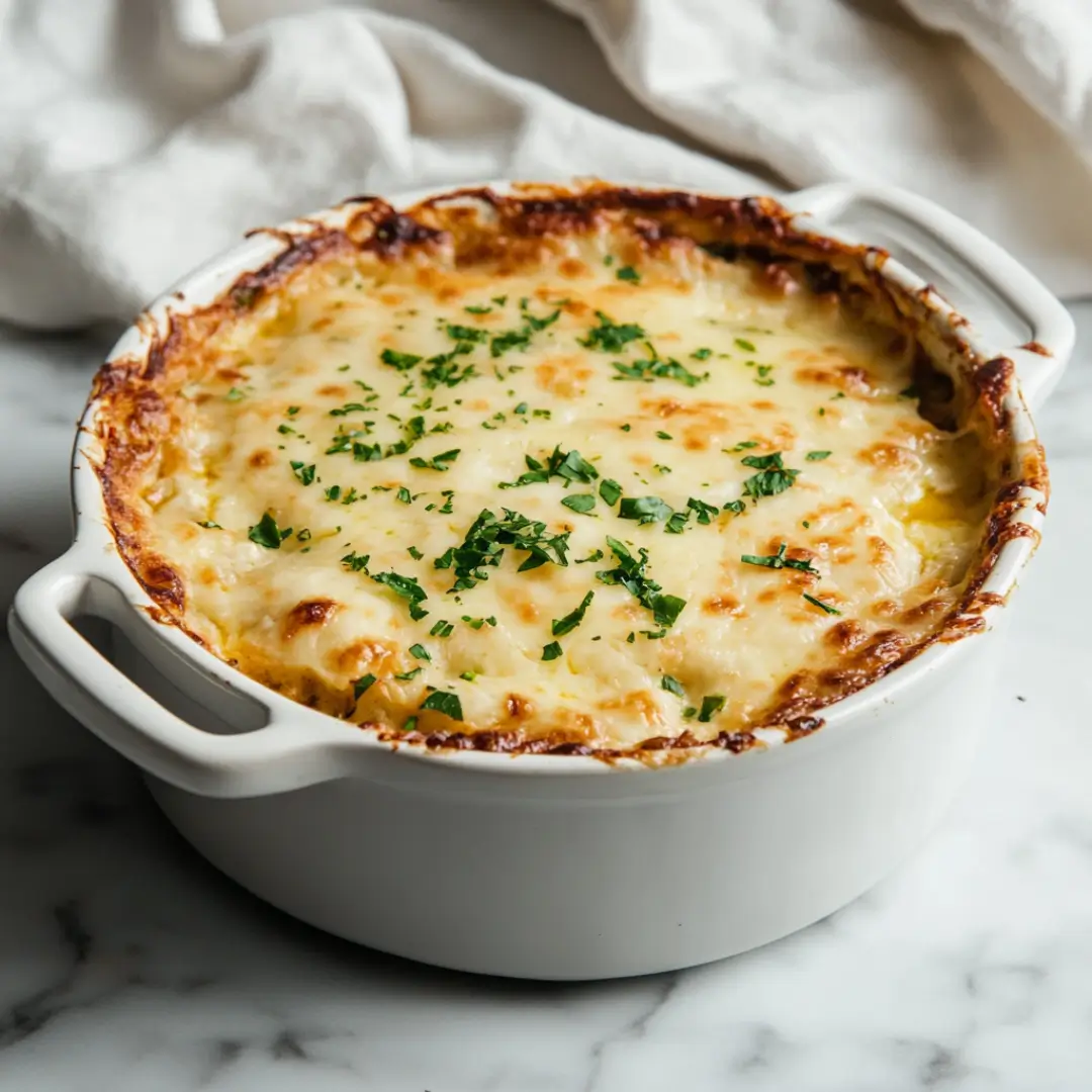 Baked soup casserole with golden cheese and herbs