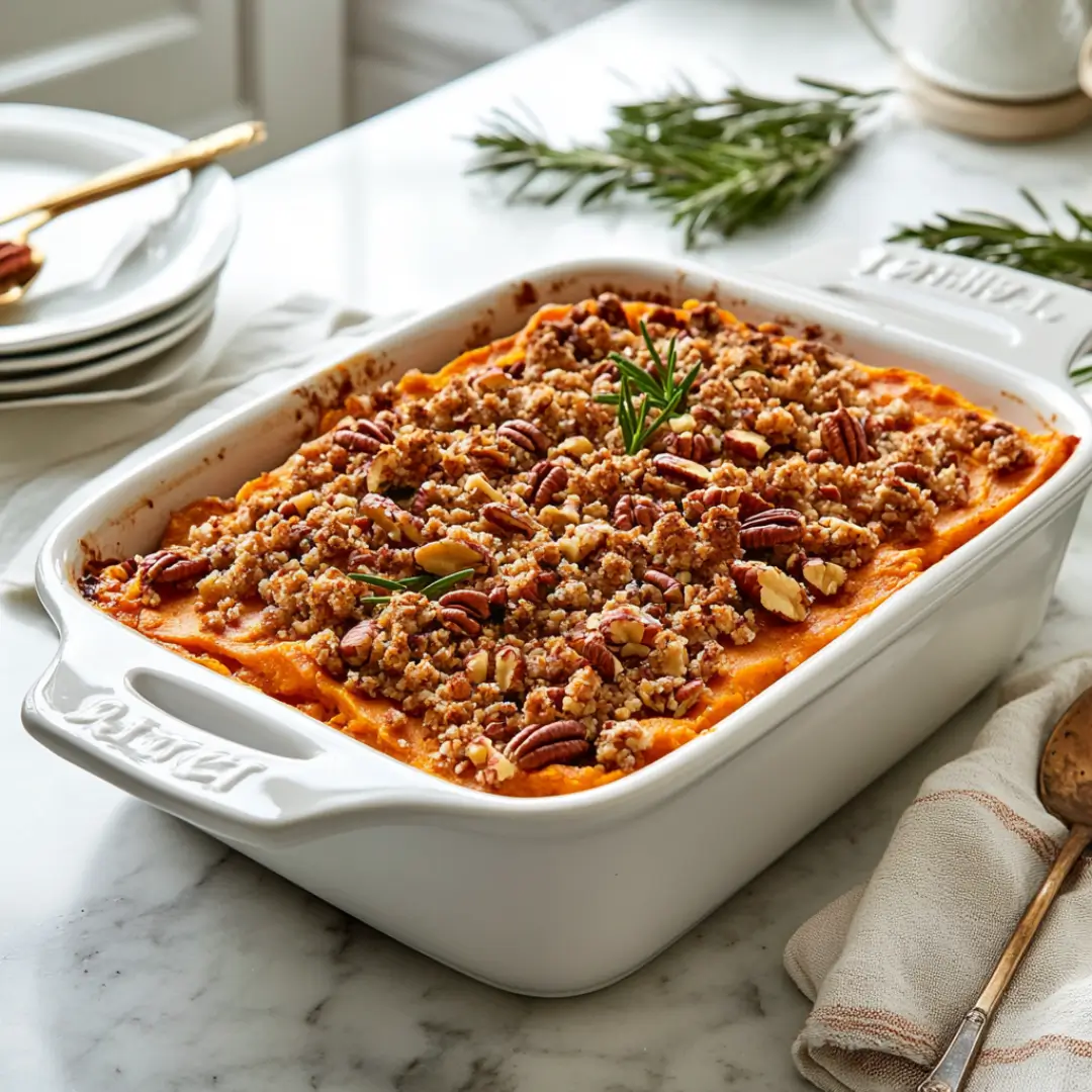 Golden baked sweet potato casserole with pecan topping