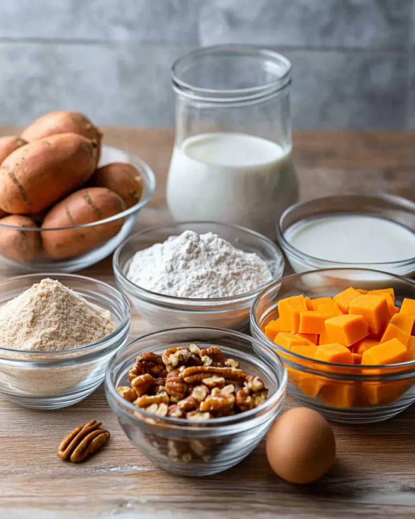 Potato Casseroles That Warm the Heart – Sweet & Simple Recipe 4 Sweet potato casserole ingredients on a wood countertop
