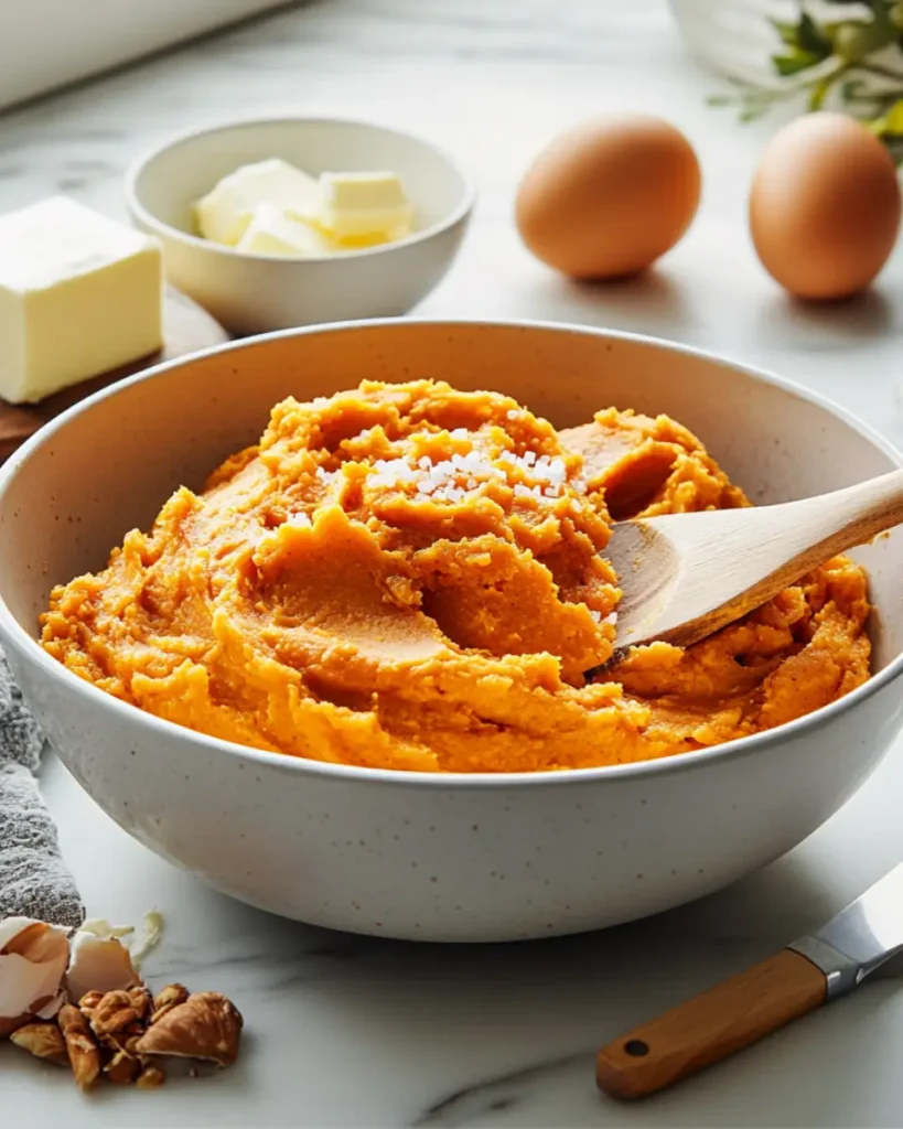 Potato Casseroles That Warm the Heart – Sweet & Simple Recipe 5 Mashing sweet potatoes in a bowl with surrounding ingredients
