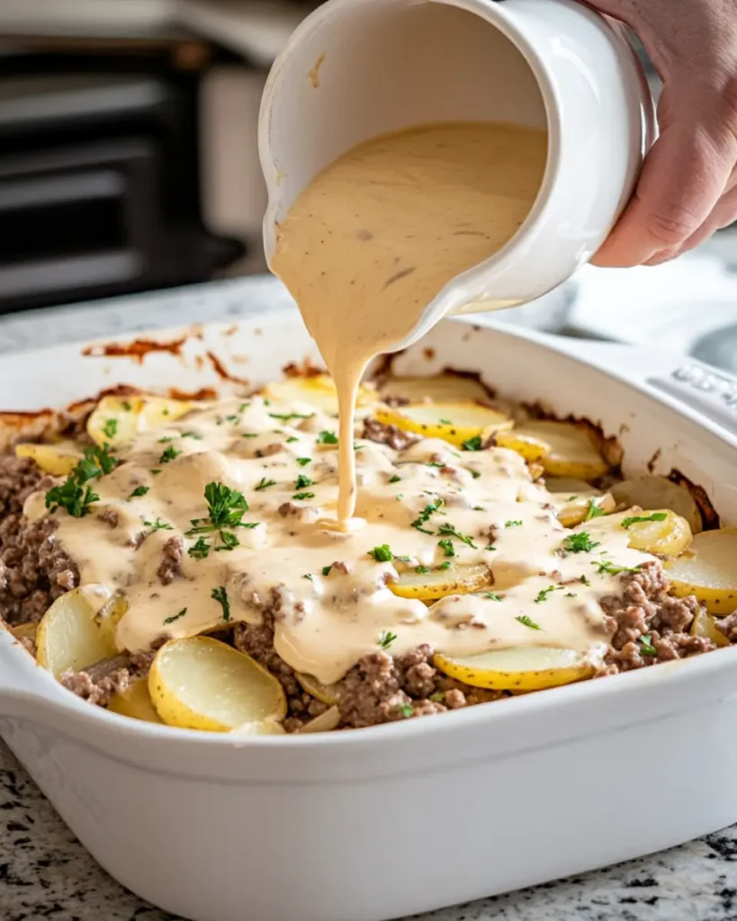Hamburger Potato Casserole Recipe That Feels Like Home 6 Hands layering beef, potatoes, and sauce into casserole dish