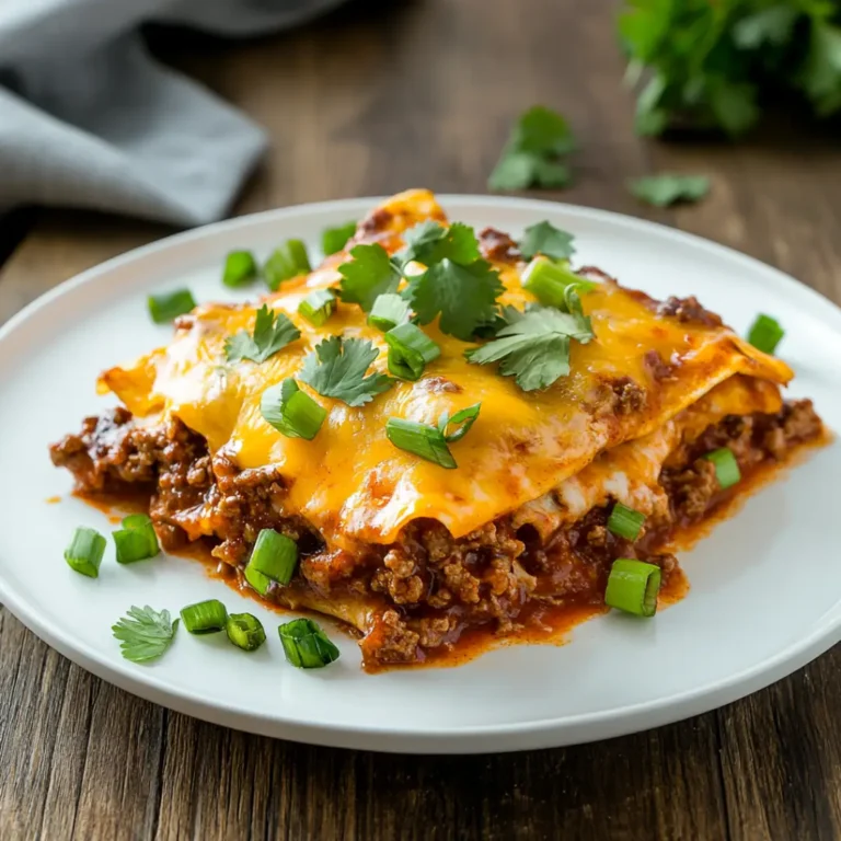 Beef Enchilada Casserole: A Family Favorite with Soul 6 Beef enchilada casserole plated with cheese and fresh herbs