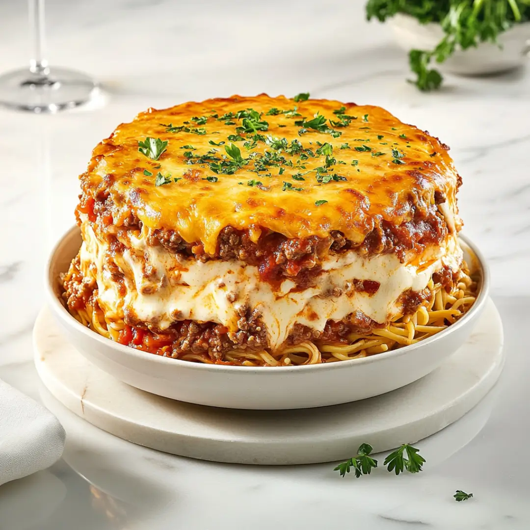 Cheesy Beef Lombardi Casserole garnished with parsley