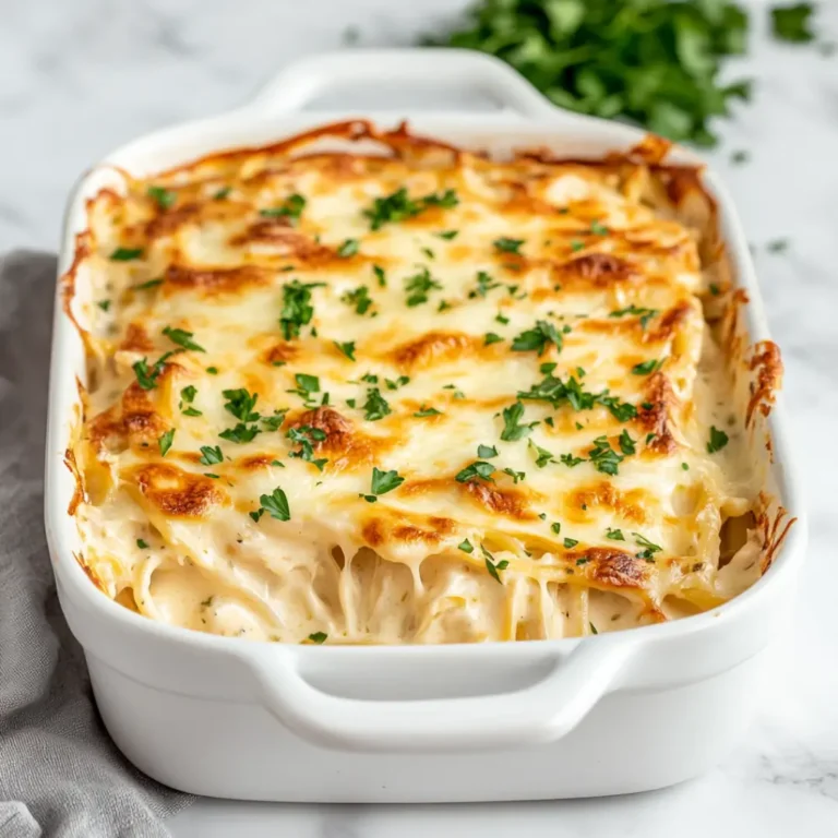 Chicken Alfredo Casserole That Feeds the Soul 6 Golden, cheesy Chicken Alfredo Casserole in a white baking dish
