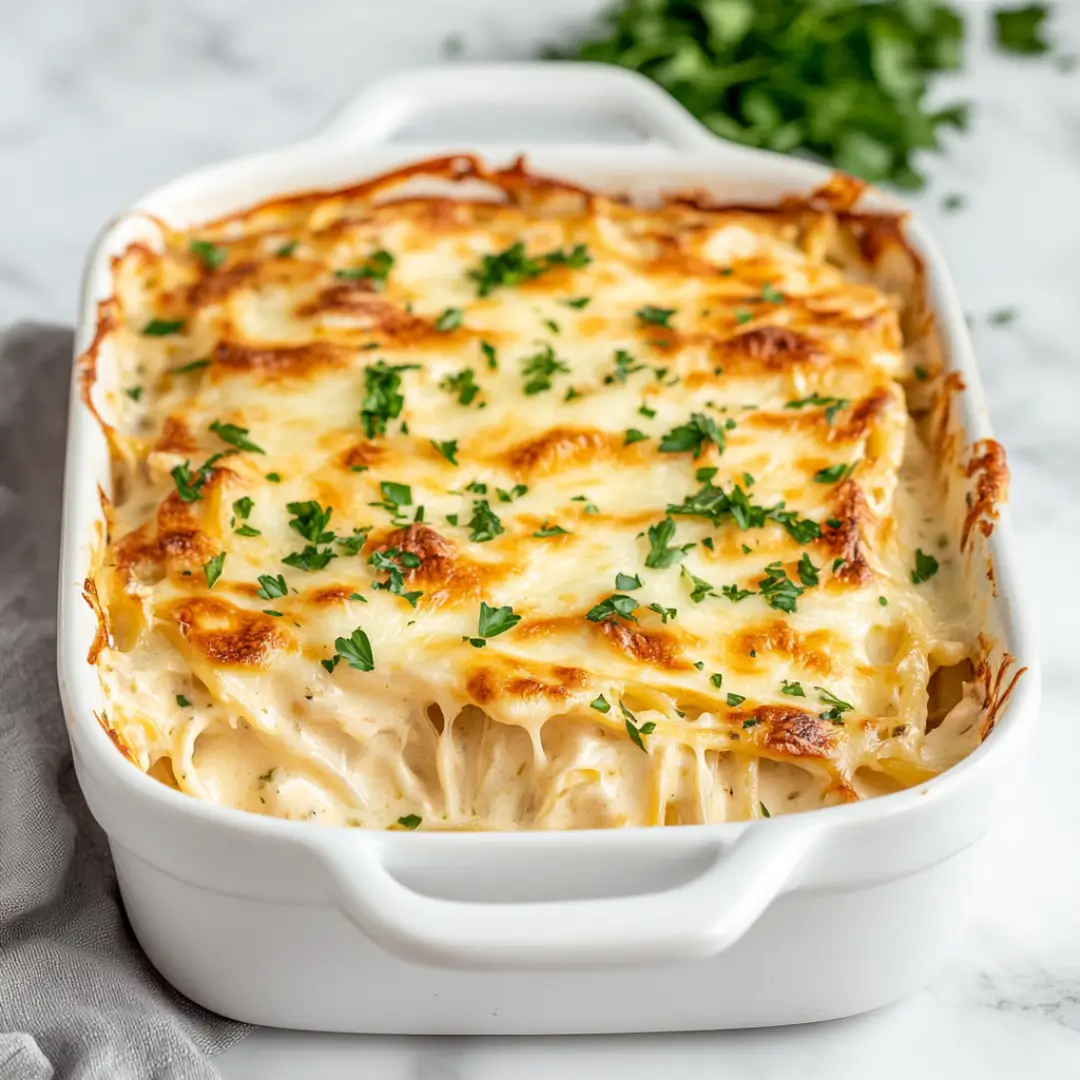 Golden, cheesy Chicken Alfredo Casserole in a white baking dish