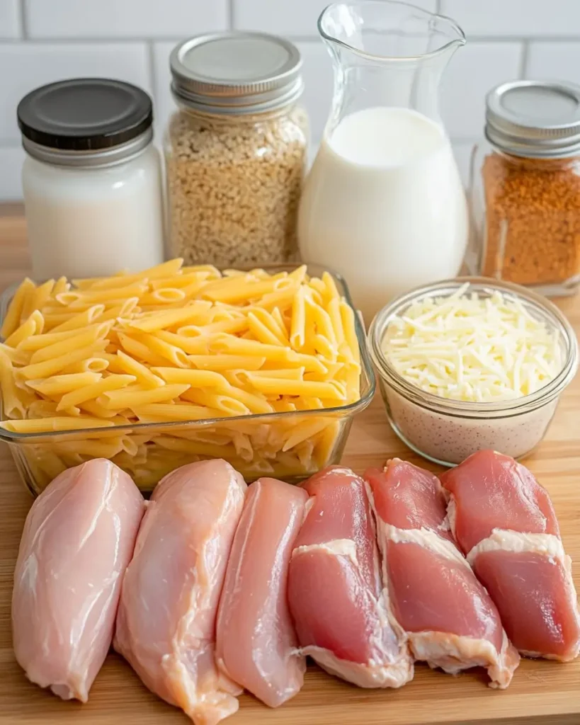Chicken Alfredo Casserole That Feeds the Soul 4 Fresh ingredients for Chicken Alfredo Casserole laid out on wood surface