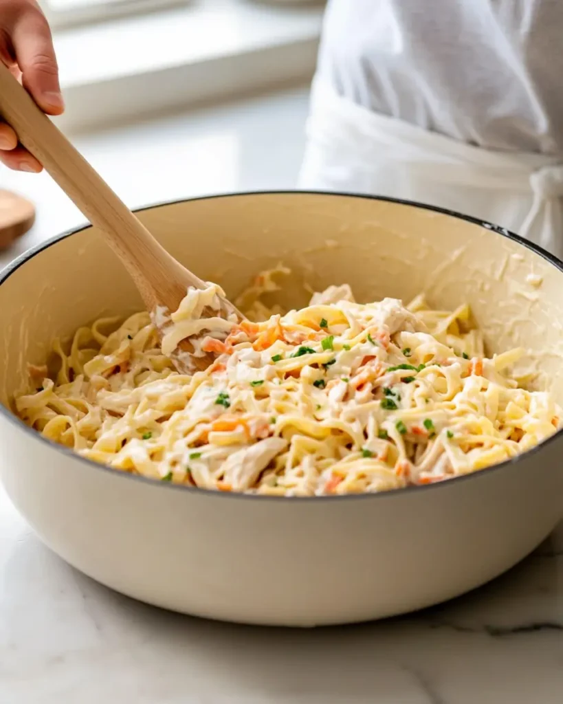 Chicken Alfredo Casserole That Feeds the Soul 5 Mixing creamy Alfredo pasta with chicken and cheese