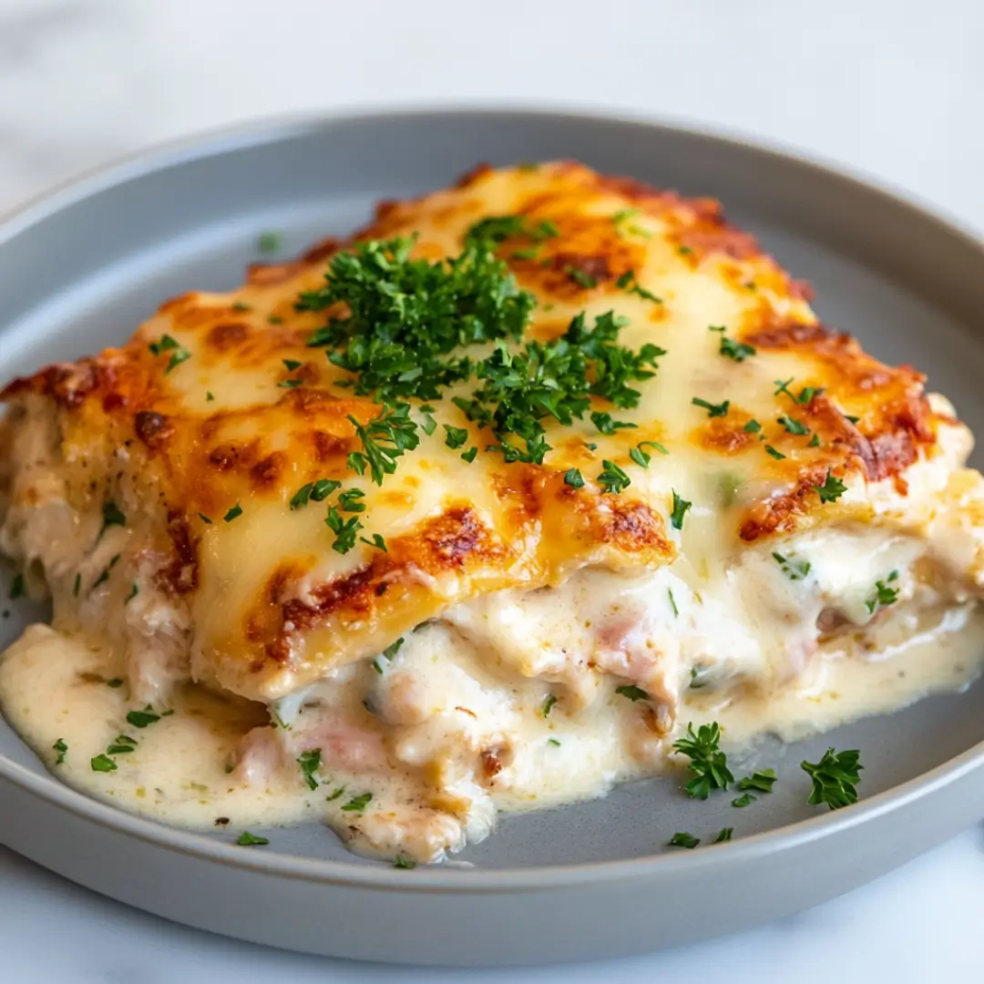 Plated chicken cordon bleu casserole with melted cheese and parsley